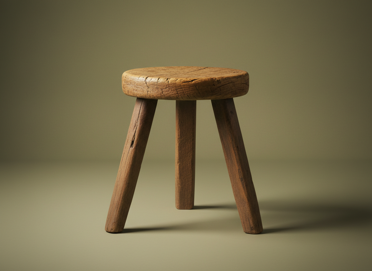 Photorealistic LANDSCAPE hero image of a single, classic three-legged wooden milking stool with much rougher, more rustic wood. The seat and EXACTLY THREE legs are clearly visible from seat to floor, evenly spaced in a triangular arrangement. The wood looks weathered and rough, with strong grain, small cracks, dents, and uneven color, as if it has been used in a barn for many years. No fourth leg, no extra partial leg, no crossbars, and no shadows or objects that could suggest a fourth leg. Simple honey-brown-to-deeper-brown tones, standing alone on a plain, softly lit neutral background that harmonizes with an earthy green wellbeing-at-work website. Calm, reflective mood, eye-level view, no other objects in the scene.